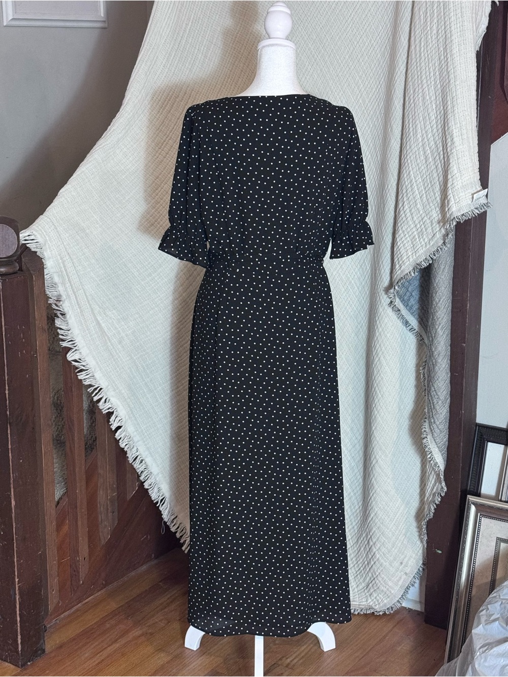 Black Polka Dot Maxi Dress with Ruffle Sleeves - Picture 3 of 5